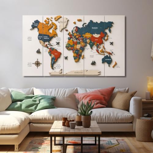 Image of The Castle Decor World Map Painting With Frame 5 Big Size Multiple Frames Wall Art Painting for Living Room,bedroom,drawing Room,hotels-wooden Framed-digital Painting (36x60 inch, multicolor8)