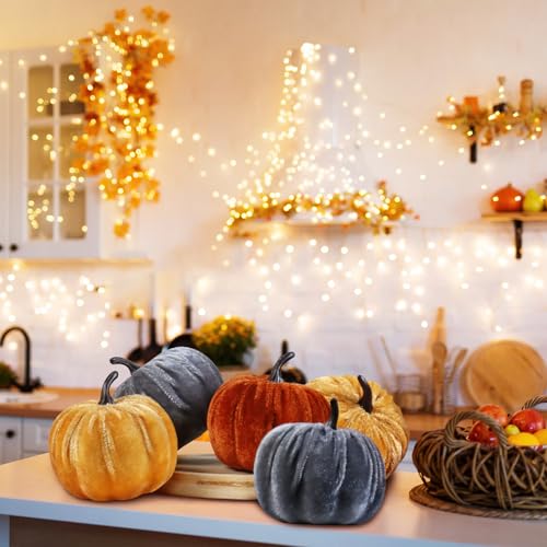 Image of Super Holiday 12PCS Artificial Velvet Pumpkins Decorations, 4 Colors Foam Faux Flocked Pumpkins for Fall Harvest Theme Party Wedding Halloween Thanksgiving Table Decor