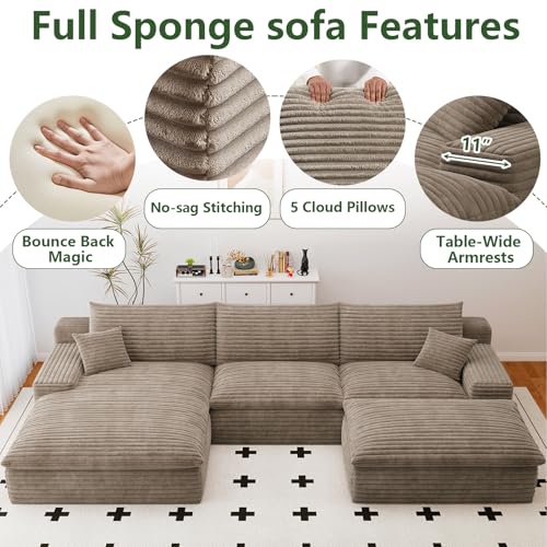 Image of 107 inch Cloud Couch Modular Sectional Sofa for Living Room, U-Shape Boneless Couch with Deep Seat, Modern Corduroy 3-Seater with Ottoman, No Assembly Required (Camel,Left-Facing Chaise)