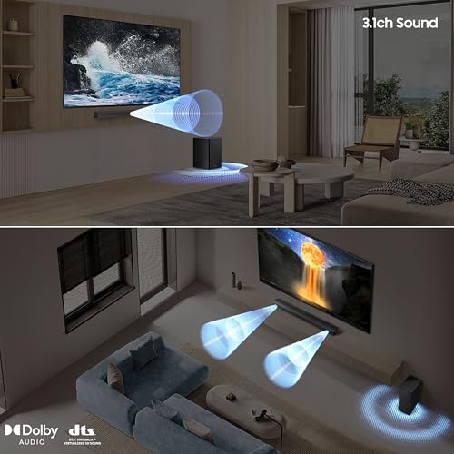Image of Samsung 370 W 3.1 ch Soundbar with Dolby Audio | DTS Virtual:X | Q-Symphony | Center Speaker | 3D Surround Sound | HDMI ARC | Optical in | Bluetooth | USB | Wireless Subwoofer (HW-B650F /XL, Black)