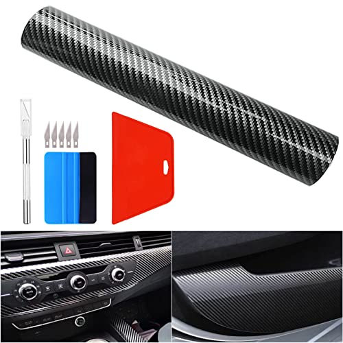 6D High Glossy Carbon Fiber Vinyl Wrap 30 * 300CM Self-adhesive Bubble-free Waterproof Wrap Roll Contain Installation Tool Set for Car Interior DIY Motorcycles and Laptop