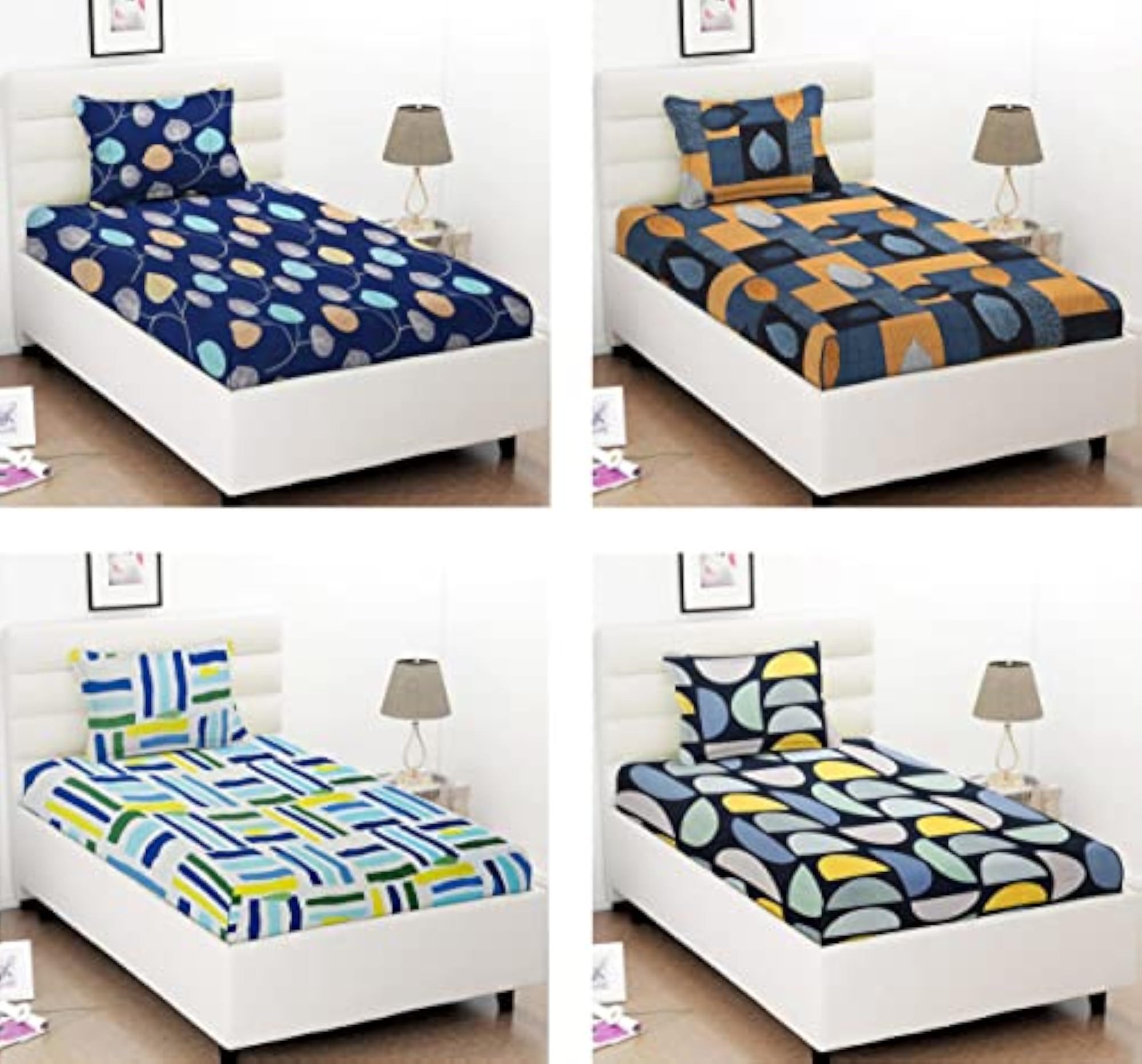 COLLECTION Prime Combo Pack of 4 Single Bedsheets, 4 Pillow Covers