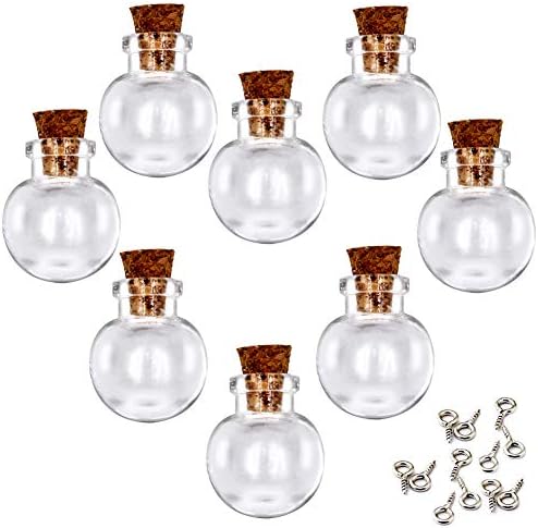 LEFV Mini Cork Top Glass Bottle Vial Charm 1 Inch - 12pcs Clear Bottles with Corks and 12pcs Eye Screws - Miniature Empty Sample Jars Message Bottle Small Tiny Size Pendant (Ball)
