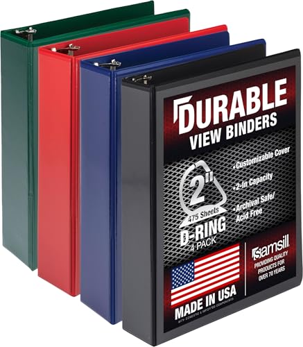 Image of Samsill Durable 2 inch 3 Ring Binder, D Ring Binder, 100% Recycled Chipboard, Basic Assortment, 4 Pack