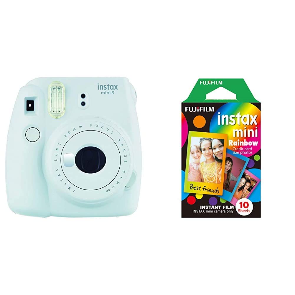 instax Mini 9 Camera - Ice Blue,16550693 & Rainbow Mini Film, 10 Shot Pack