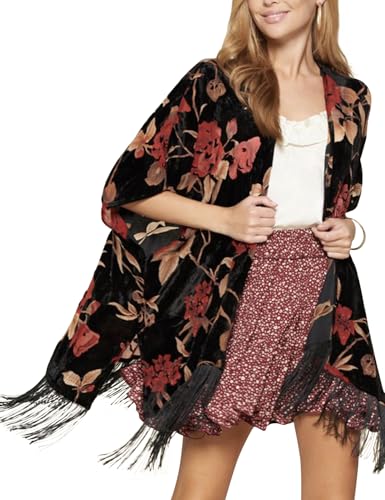 Image of MJ SERECA Women's Burnout Velvet Kimono Cardigan Cover Up with Tassel