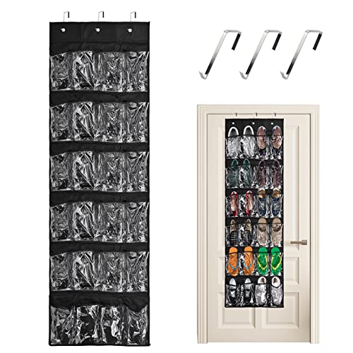 24 Poches Rangement de Chaussures Suspendu 48x163cm, Pliable Range-Chaussures sur la Porte avec Étanche Poches et 3 Crochets, Support à Chaussures Mural pour Salle de Bain Armoire,Gain Place (Noir)