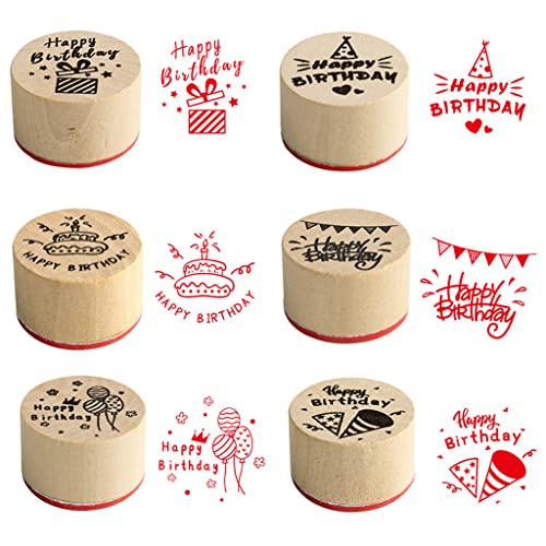 JZTang Happy Birthday Wooden Stamp Set, 6 Pcs Rubber Stamps