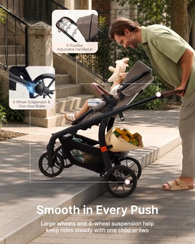 Image of Momcozy ChangeGo Baby Stroller, Convertible Single-to-Double-to-Wagon Stroller with 23 Configurations, Carry-cot and Seat Included, Large PU Wheels, All-Wheel Suspension & Extendable UPF50+ Canopy