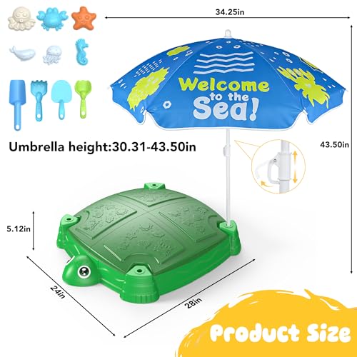 Image of Turtle Sandbox with Lid and Umbrella, Large Square Sand Box for Kids | square shape saves space, adjustable umbrella, 6 sea molds & 4 shovels, rounded safe edges, PP material, washable, ages 3+