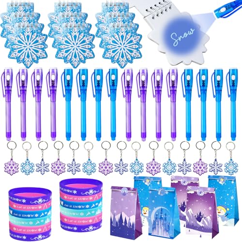 EODVICS 80 PCS Frozen Party Favors frozen birthday party decorations Invisible Ink Pen Mini Notebook Paper Gift bag Silicone Bracelet Keychain Frozen Stuffer Toy Gift
