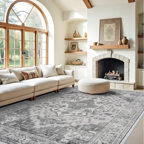 Living Room 9x12 Area Rugs - Large Boho Rugs for Bedroom Stain Resistant Carpet Vintage Tribal Rugs for Kitchen Bathroom with Non Slip Backing Home Decor Floor Decoration Mat 9x12 Grey/White