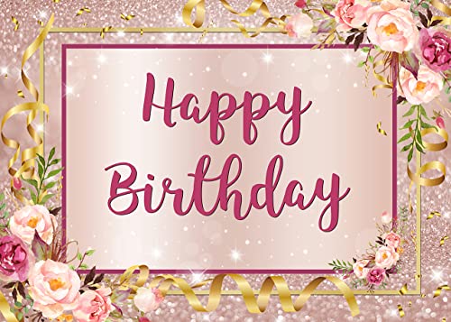 Glitzer Roségold Happy Birthday Fotografie Hintergrund Rosa Blumen Glitzer Frauen Süße Prinzessin Mädchen Geburtstag Party Foto Hintergrund Kuchen Tisch Dekor Requisiten 7X5FT Cover