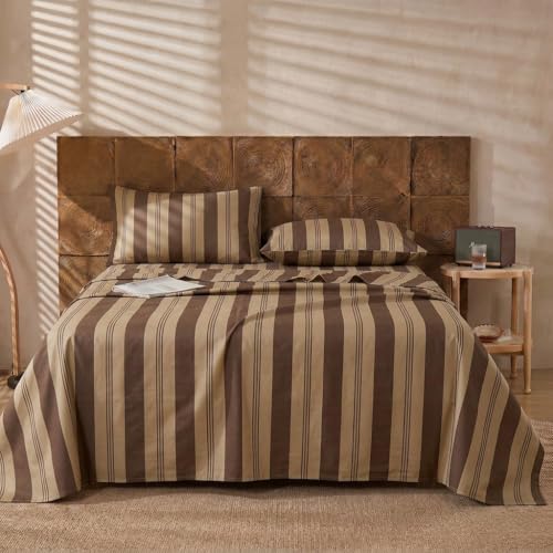 Image of Merryword 100% Cotton Sheet Set Queen Size - Brown Striped Bedding, Soft Breathable Percale Weave, Deep Pocket Fitted Sheet 17.5 inch, Luxury & Silky Soft Sheet Set for All Seasons
