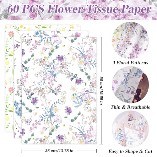 Image of Larcenciel 60 Sheets Vintage Floral Tissue Paper, Wild Flowers Art Tissue Paper for Gift Bags & Packaging, Colorful Watercolor Gift Wrapping Supplies for Crafts Christmas Holiday Wedding,13.8x19.7inch