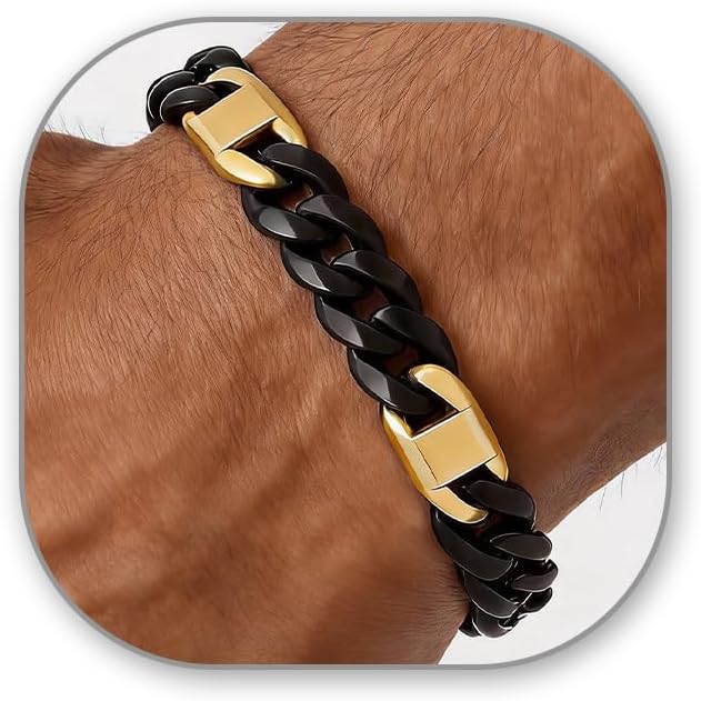 Mens Cuban Chain Link Bracelet - Stainless Steel Cuban Bracelets for Men - Men's Chains Wrist Jewelry Waterproof - Non Tarnish Metal Miami Bracelet - Mens Trendy Simple Thick Durable Link Bracelets Black & Gold 8.5 inch