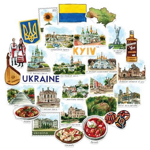 Navy Peony Autocollants de Voyage Résiliente Ukraine (28 pcs) - Illustrés à la main, Décorations inspirées du patrimoine ukrainien pour journaux, albums et bagages