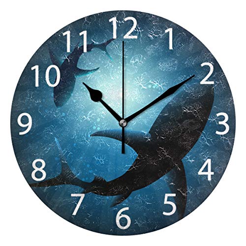 Sharks Under Water Round Wall Clock, Silent Non Ticking Oil Painting Decorative For Home Office School Clock Art #TOP9