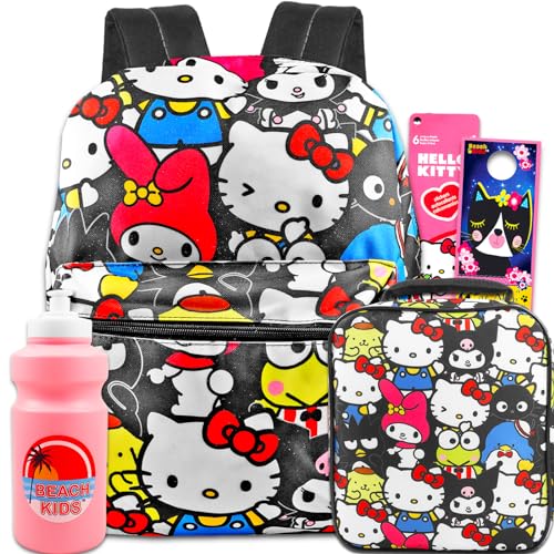 Hello Kitty Backpack with Lunch Box for Girls - Bundle with 16” Hello Kitty School Backpack, Lunch Bag, Water Bottle, Stickers, More | Hello Kitty Backpack and Lunch Box Set