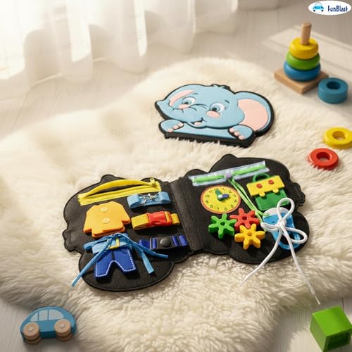 Image of FunBlast Busy Book for Toddlers Binder Board - Montessori Busy Board for Kids, Cartoon Design Learning Activity Toy for Toddlers, Educational & Early Learning Toys for Kids, Toddler (Elephant)