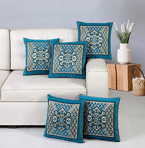 Image of Nendle Velvet 500TC Cushion Covers, 16 x 16 Inches, Sky Blue, Set of 5 Pieces