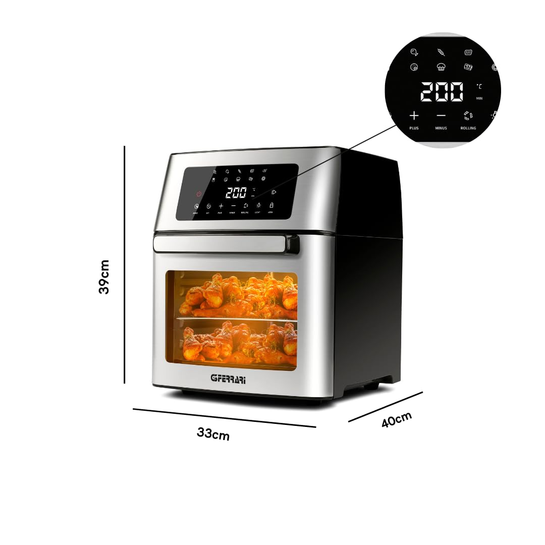 G3 Ferrari G10182, Friggisano EVO 15L, Friggitrice ad aria 15 Litri, 1700W, 10 programmi, 40-200°C, Capacità XXL, Display digitale, Accessori INOX BPA/PFOA Free e ricettario inclusi, Nero/Acciaio