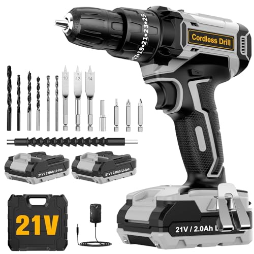 DYJPOW Cordless Drill Driver 21V, Cordless Hammer with 2 Batteries 2000mAh, 25+3 Torque, 42N.m Max Electric Drill, 14PCS Drill Bits, 2 Speed, LED Light for Home and Garden DIY Project, Grey