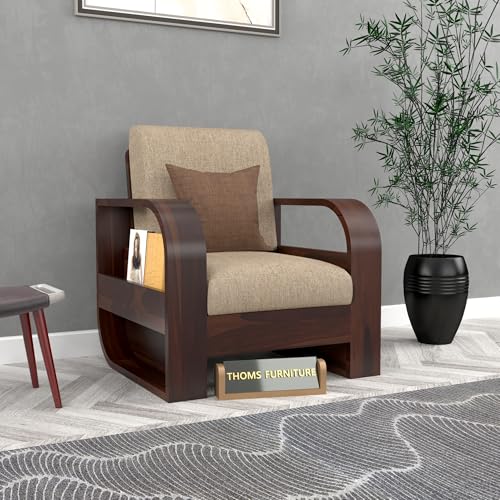 Image of Sheesham Wood Single Seater Sofa | Premium Wooden Single Chair for Living Room, Bedroom & Office | Stylish & Comfortable One Person Sofa (Cairo Walnut, 1 Seater)