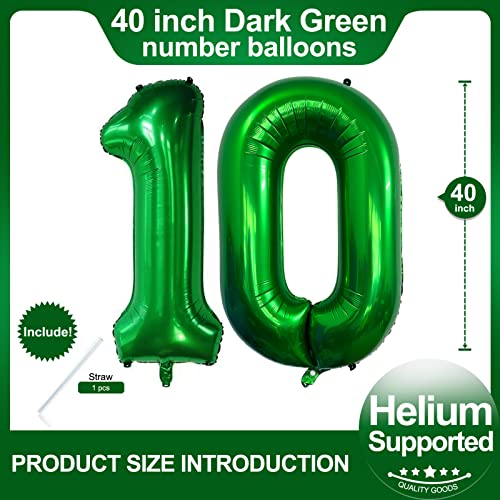 Image of Number 10 Dark Green Balloons 40 Inch Giant Green 10 Numer Foil Helium Balloons for 10th Green Birthday Party Supplies 10th Anniversary Events Decorations
