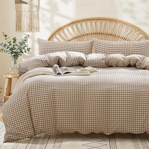 MILDLY Tan Gingham Duvet Cover Set with Hidden Dual Zipper & 8 Corner Ties