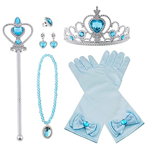 Vicloon Princesa Vestir Accesorios 8Pcs Regalo Conjunto de belleza corona Sceptre Collar Pendientes Anillo Guantes para Nia (Azul)