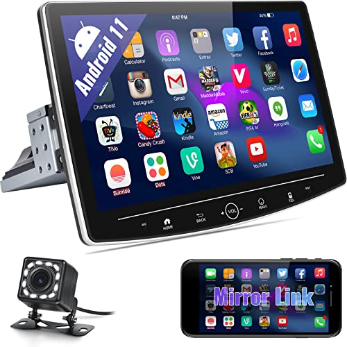 Camecho Android 11 Car Stereo, 1 Din 10 inch 180° Rotated Touchscreen Car Radio with Bluetooth FM WiFi GPS Navigation for Car iOS/Android Mirror Link with Dual USB Input & 12 LED Backup Camera