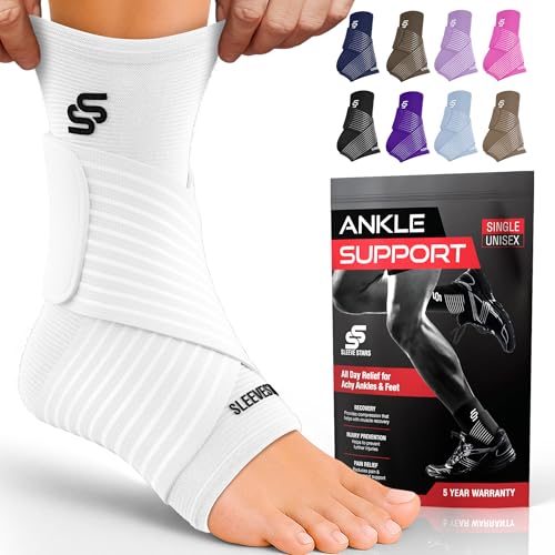 Sleeve Stars Ankle Brace for Women & Men, Ankle Wrap for Sprain, Compression Sleeve for Plantar Fasciitis Relief, Easy Customizable Support: w/Removable Strap (Single/M:10-12/White)