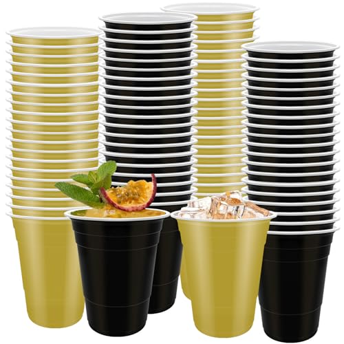 80 bicchieri di plastica nera e oro - 473,6 ml, riutilizzabili, bicchieri di plastica robusti colorati per bere, matrimoni, feste di compleanno, Natale