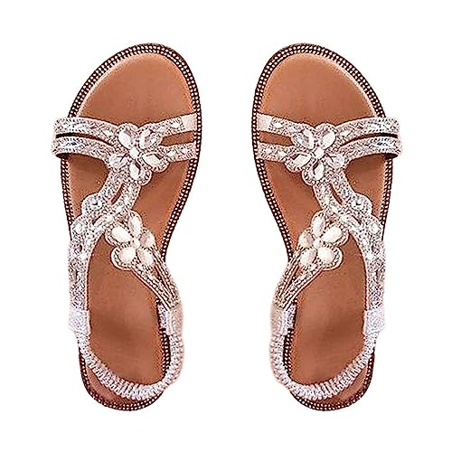 Sandalen Damen mit Absatz Sommer Bequem Elegant Sandalen mit Strass Perlen Bohemia Strand Schuhe Freizeit Flach Sandalette Größe Freizeitschuhe Damen Sneaker