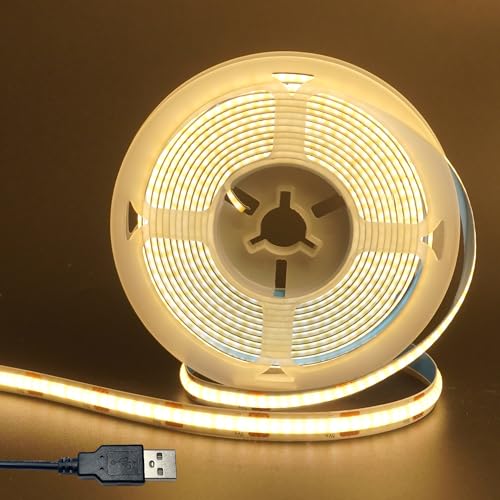 Image of 5V 8mm Width USB COB LED Strip Lights,Warm White 3000K,320LEDs /M,8W /M,CRI90,16.4FT /5M,Electroplated Double-Sided Panel Light Strip,Waterproof IP20,Flexible Strip for Indoor Decoration