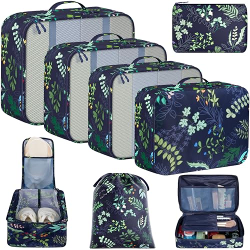 Image of BAGAIL 8 Set Packing Cubes Luggage Packing Organizers for Travel Accessories-Navy Leaf