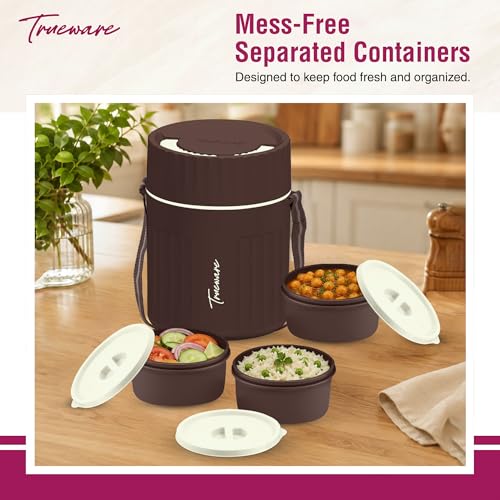 Image of Trueware SNAKK 3 Insulated Hot Lunch Box with 3 PP Container, 3 Container 300 ML Each, Food Grade, BPA Free | Office Lunch Box | Tiffin Box