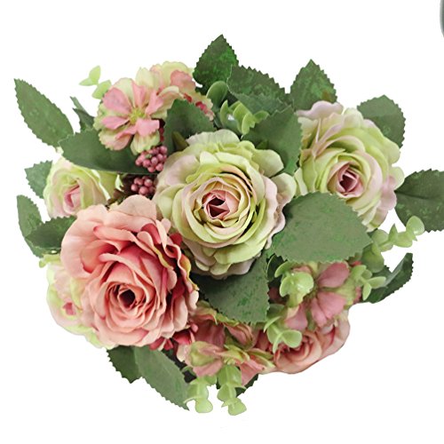 JAROWN 6 cabezas de rosas artificiales flores falsas flores de seda para decoración de la habitación del hogar (verde) Cover