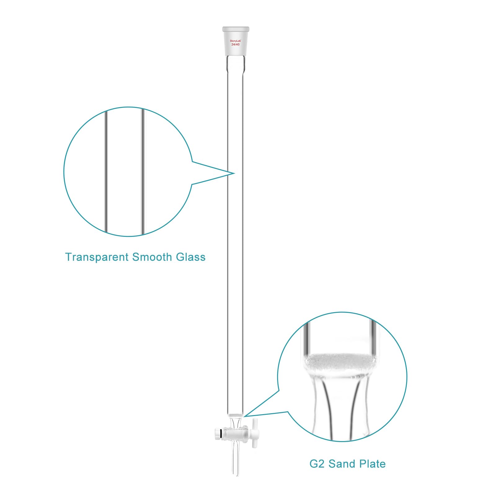 stonylab Colonnes de Chromatographie en Verre Borosilicaté avec Plaque de Sable G2, Diamètre Intérieur de 19 mm, Longueur Utile de 457 mm, Joint 24/40