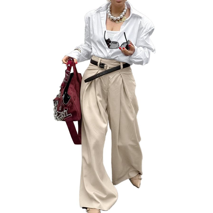 Womens Elegant Flowy Pleated Wide Leg Pants High Waisted Fashion Versatile Trousers