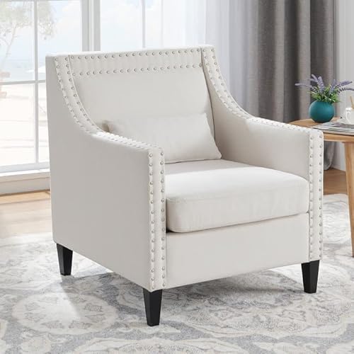 Accent Chairs For Living Room Arm Chairs Mid Century Modern Chair Wingback Arm Chair With Nailheads Upholstered Accent Armchair Cozy Chair Bedroom Reading Chair(Beige) #TOP26