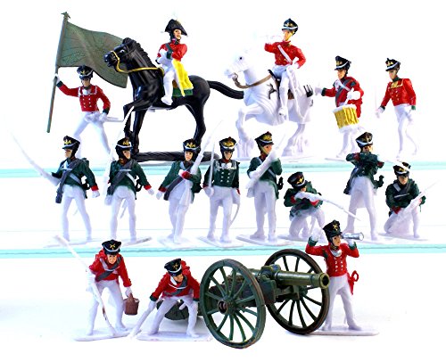 Plastic Toy Soldiers Napoleonic War Prussian and Russian Infantry Set with Cannon Painted Figure Set Battle of Waterloo 1/32 Scale 19 Total Pieces with Horse and Mounted Flag Bearer Marx Type
