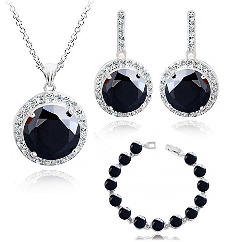 Preisvergleich Produktbild Rund Schwarz Österreichische Zirkonia Kristalle Schmuck-Set Halskette Anhänger 45 cm Ohrringe Armband 18 kt Weiß Vergoldet für Damen