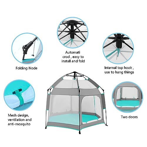 Baby Playpen with Canopy, Portable Baby Beach Tent, Toddler Play Yard Indoor and Outdoor, Foldable Mosquito Net for Infant - Grey - Image 4