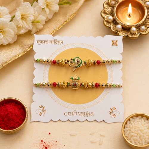Image of CraftVatika Kundan Rakhi Set for Brother Set of 2, Designer Peacock Rakhi for Brother Boy Men, Premium Kalash Raki for Bhaiya, Traditional Rakshabandhan Rakhis with Best Wishes Card and Tillak Set