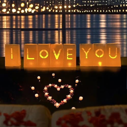 Image of I Love You Sign Letter - I Love You Sign Light Up Letters, Romantic Proposal Anniversary Decorations for Valentines Day Special Night, Luminary Paper Bags with Tea Lights Candles Rose Petals