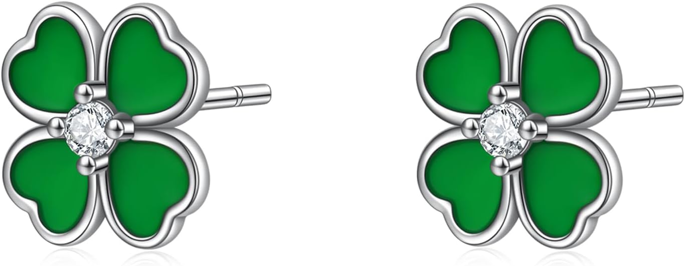 Rnivida Sterling Silver Clover Stud Earrings, Green Shamrock Earring for Women