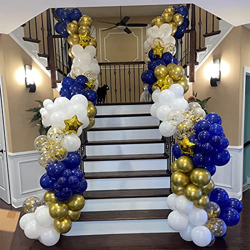 Image of Balloons Royal Blue White Gold Balloons for Graduation Decorations Metallic Chrome Gold Confetti 12inch Dark Deep Blue White Latex Balloon for Birthday Party Anniversary Baby Shower