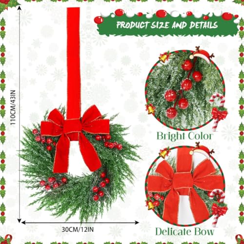 Image of YoleShy 4 Pcs Small Christmas Wreath 12 inch Mini Wreaths for Cabinets, Small Wreath with Berry & Red Velvet Bow Ribbon, Window Wreaths Christmas Cabinet Wreaths for Kitchen Front Door Chair Wall
